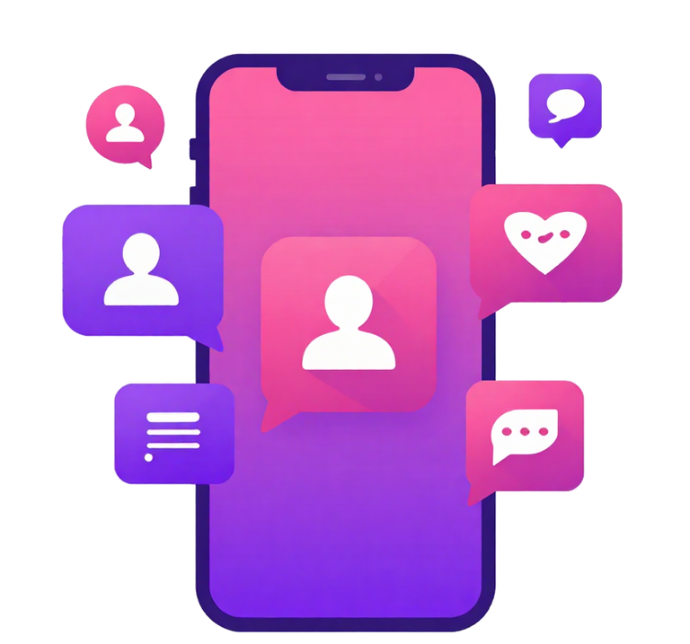 Логото на BETINA BRAND LAB — смартфон с изскачащи балончета за съобщения, реакции и последователи